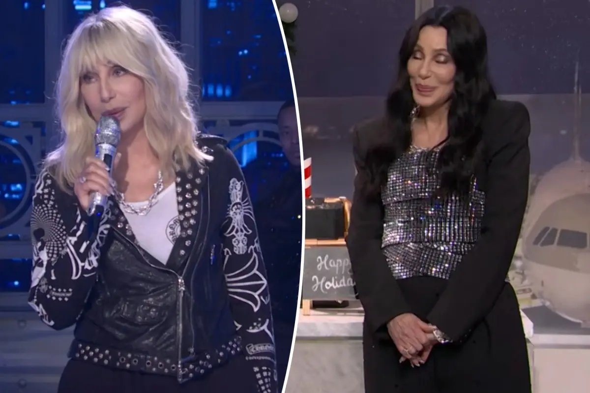 Cher Rocks a Leather Jacket and Blond Wig in Holiday Performance on Saturday Night Live