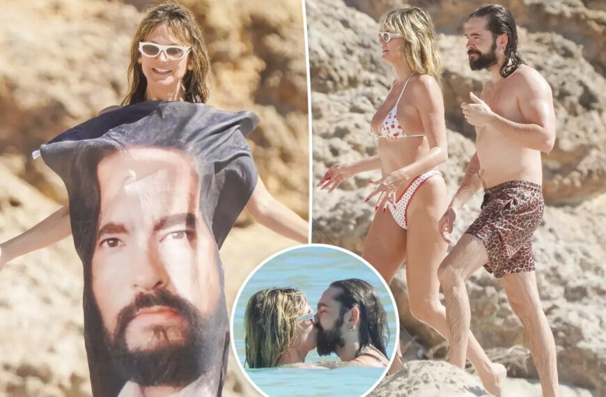 Heidi Klum's Favorite Beach Essential: A Towel Featuring Husband Tom Kaulitz's Face