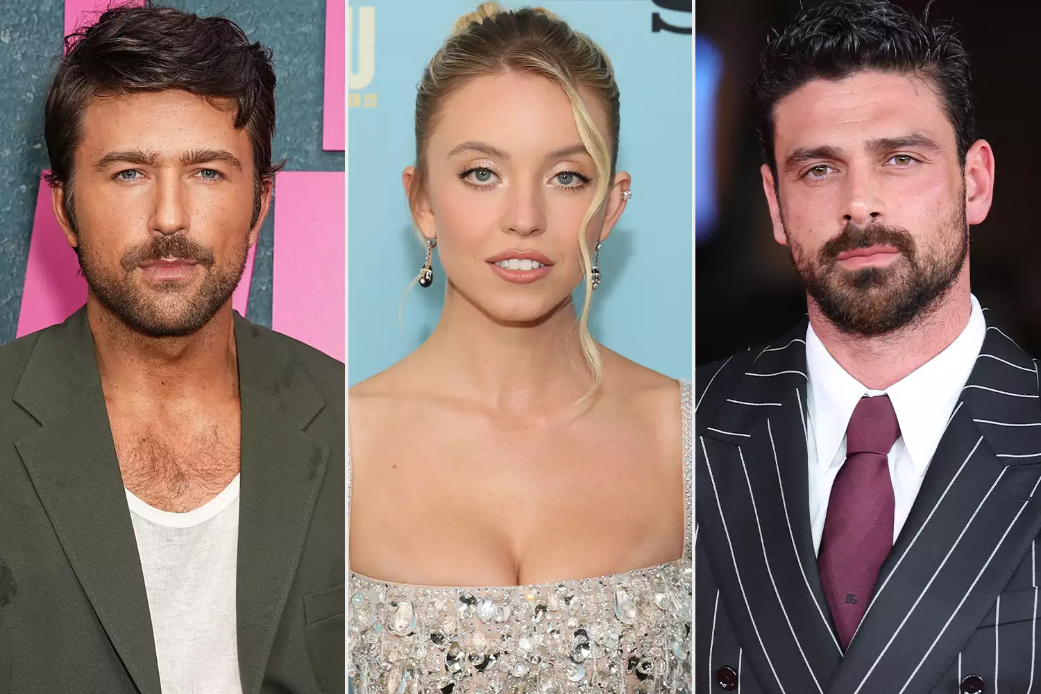 Brandon Sklenar at the "It Ends With Us" Premiere on August 06, 2024 in New York City ; Sydney Sweeney attends the "Anyone But You" Premiere on December 11, 2023 in New York City ; Michele Morrone during the 19th Rome Film Festival on October 26, 2024 in Rome, Italy.