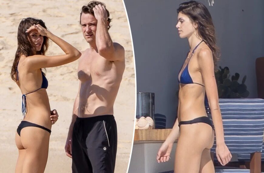 Kaia Gerber Enjoys a Beach Day in a Fun Mismatched Bikini with Lewis Pullman