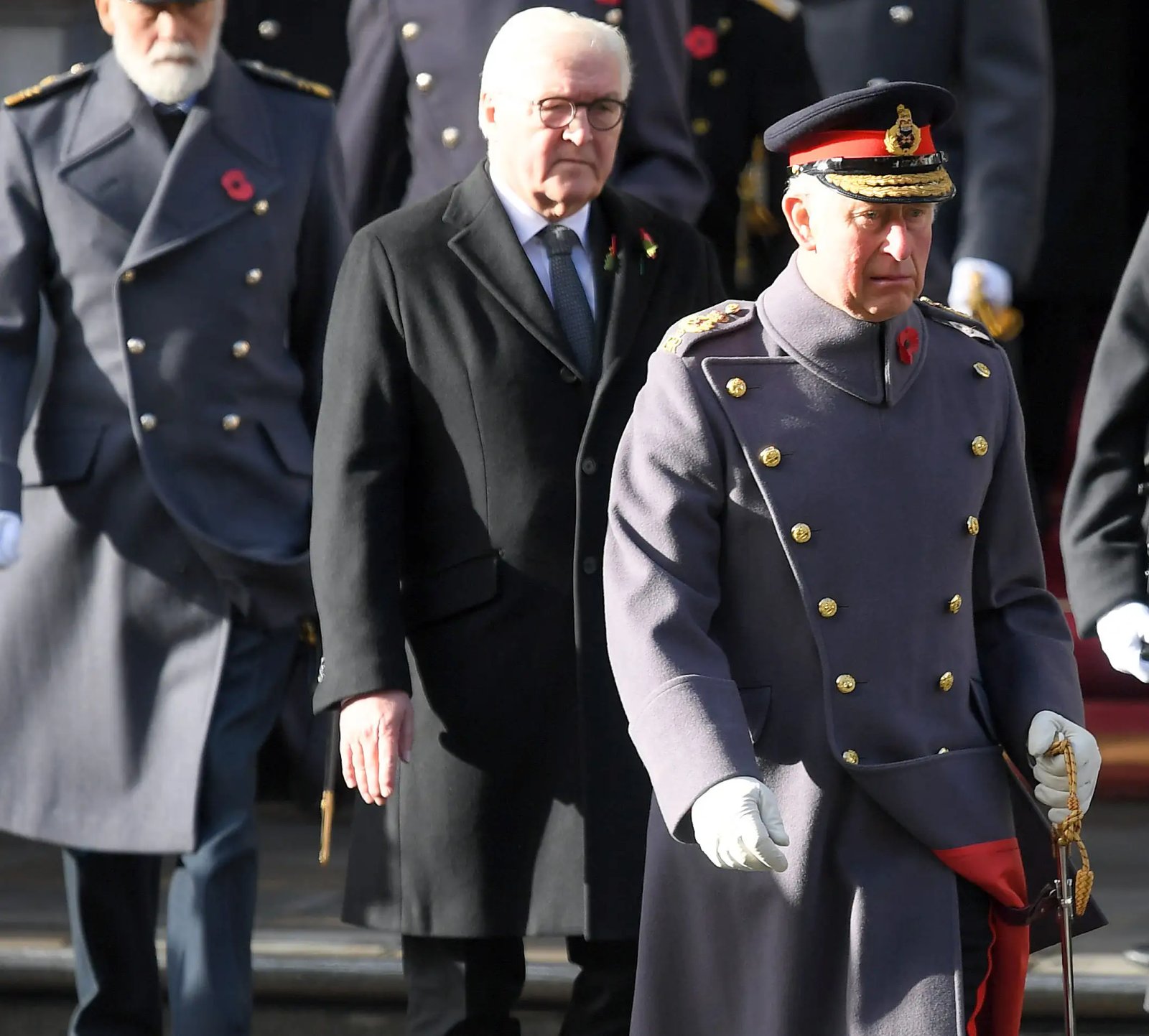 LONDON, ENGLAND - NOVEMBER 11: Frank-Walter Steinmeier and Prince Charles, Prince of Wales attend the annual Remembrance Sunday memorial at The Cenotaph on November 11, 2018 in London.