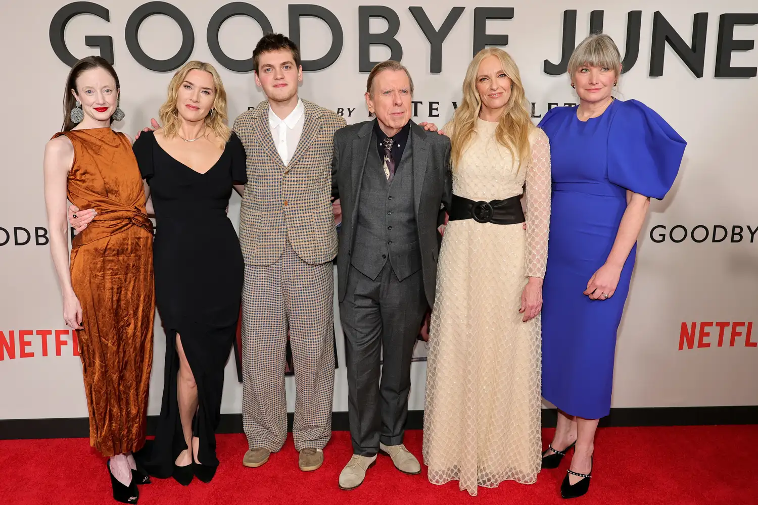 Andrea Riseborough, Kate Winslet, Joe Anders, Timothy Spall, Toni Collette and Kate Solomon attend Netflix's "Goodbye June" New York Screening at Whitby Hotel on December 08, 2025 in New York City.