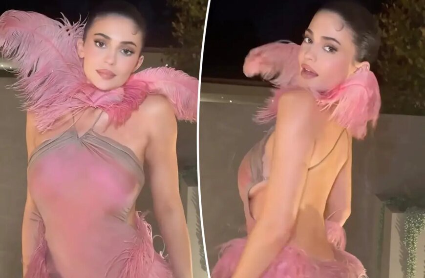 Kylie Jenner Shines in a Fun Pink Feathered Dress at Her Holiday Party