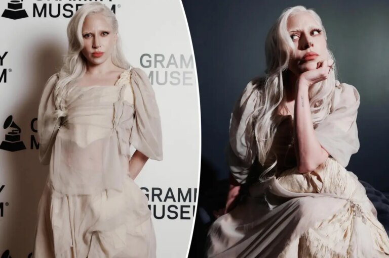Merry Mayhem: Lady Gaga Embraces a Whimsical Victorian Ghost Look with a Corset Dress and Bleached Brows