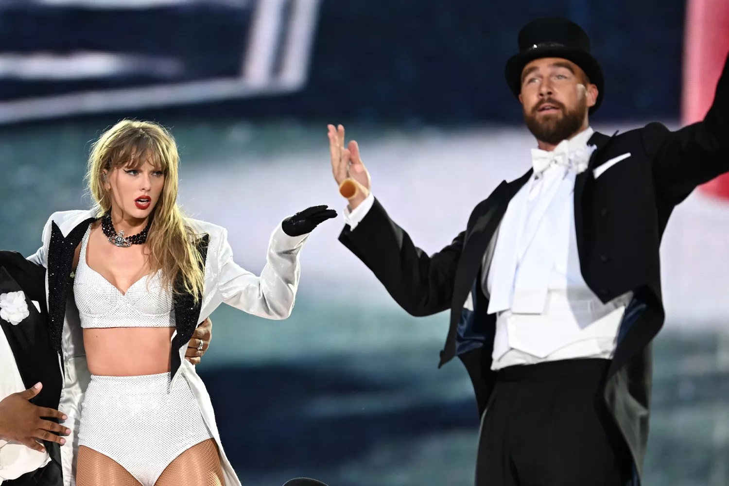 Taylor Swift joined on stage by Travis Kelce during "Taylor Swift | The Eras Tour" at Wembley Stadium on June 23, 2024.