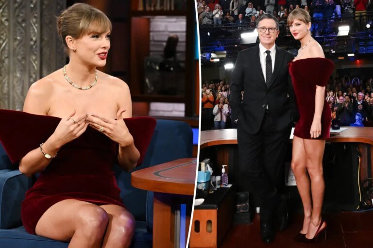 Taylor Swift Stuns in a Maroon Velvet Minidress on The Late Show with Stephen Colbert