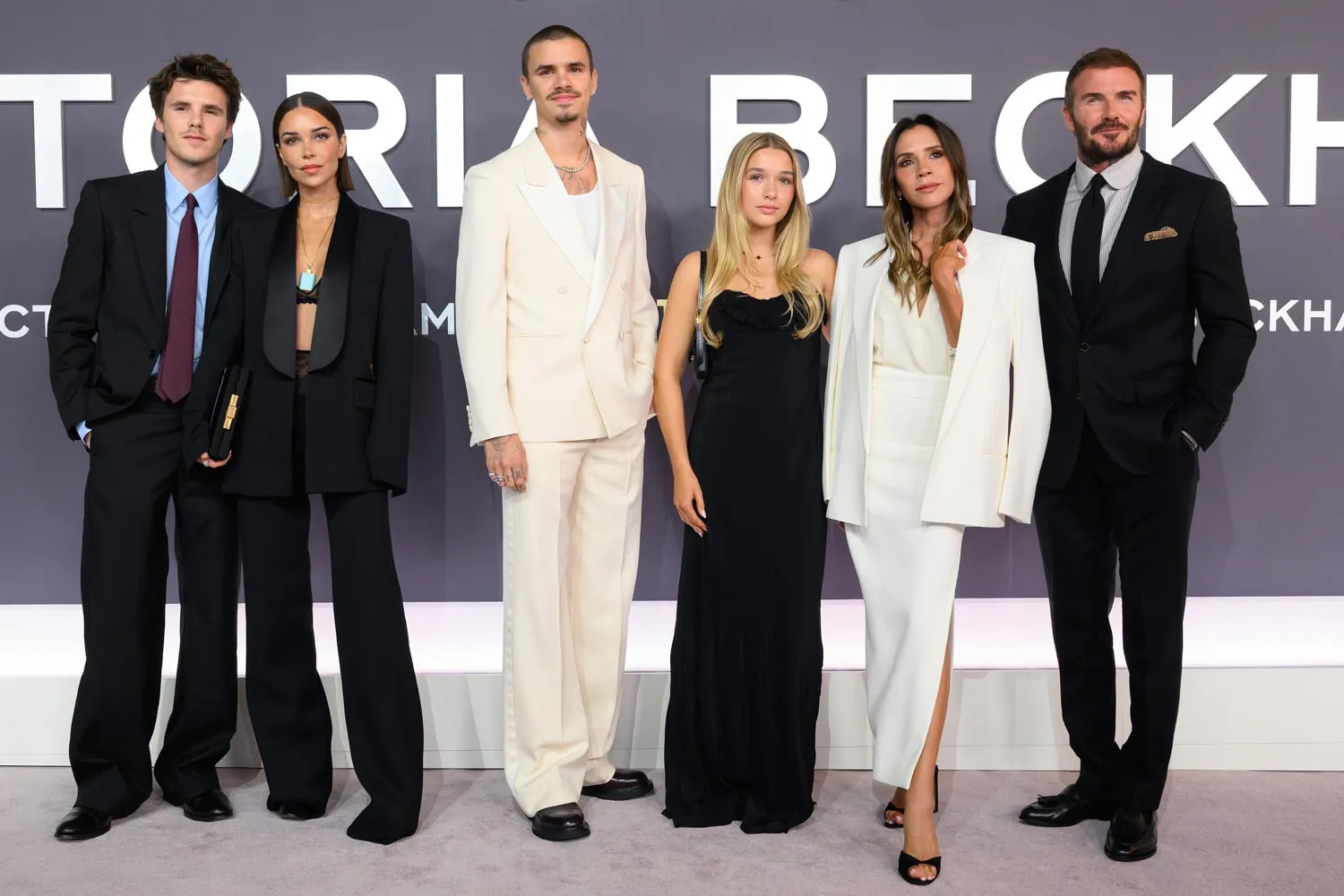 Cruz Beckham, Jackie Apostel, Romeo Beckham, Harper Beckham, Victoria Beckham and David Beckham attend the "Victoria Beckham" World Premiere at the Curzon Mayfair on October 08, 2025 in London, England.
