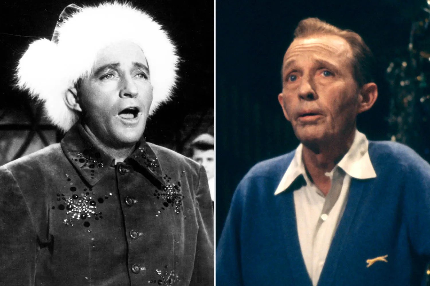 Bing Crosby in 'White Christmas', Bing Crosby and David Bowie singing their hit song 'Little Drummer Boy' on TV Christmas Special Merrie Olde Christmas, 1977.