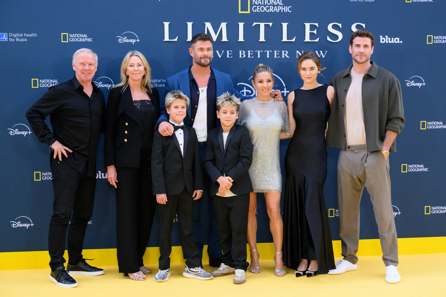 Craig Hemsworth, Leonie Hemsworth, Tristan Hemsworth, Chris Hemsworth, Sasha Hemsworth, Elsa Pataky, Gabriella Brooks and Liam Hemsworth attend the 'Limitless: Live Better Now' UK Premiere at Odeon Luxe Leicester Square on July 17, 2025 in London, England.