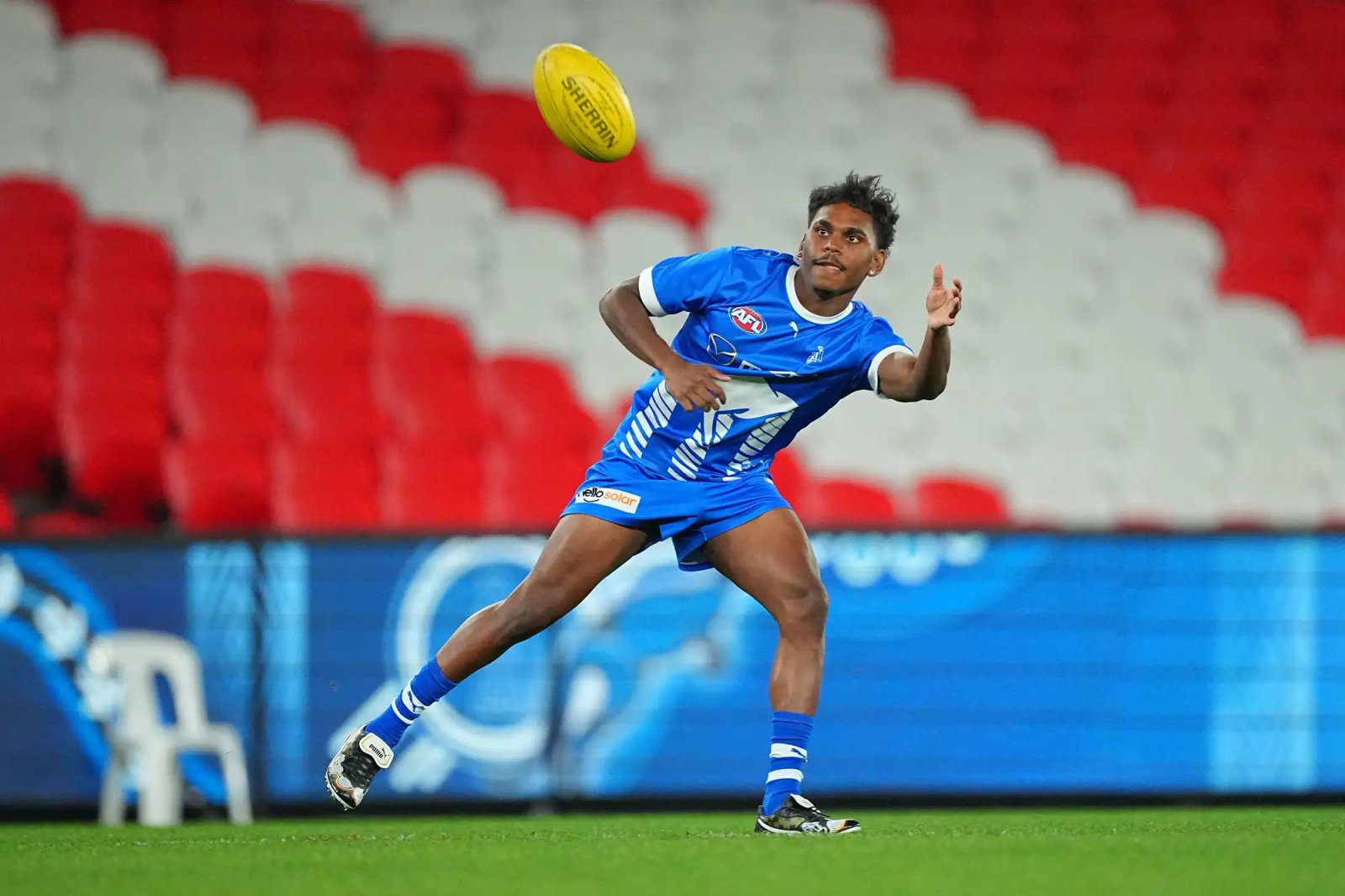 Australian Rules Football: North Melbourne Phoenix Spicer (36) in action, catches the ball vs. Sydney Swans at Marvel Stadiums. Round 10. Melbourne, Australia 5/20/2023