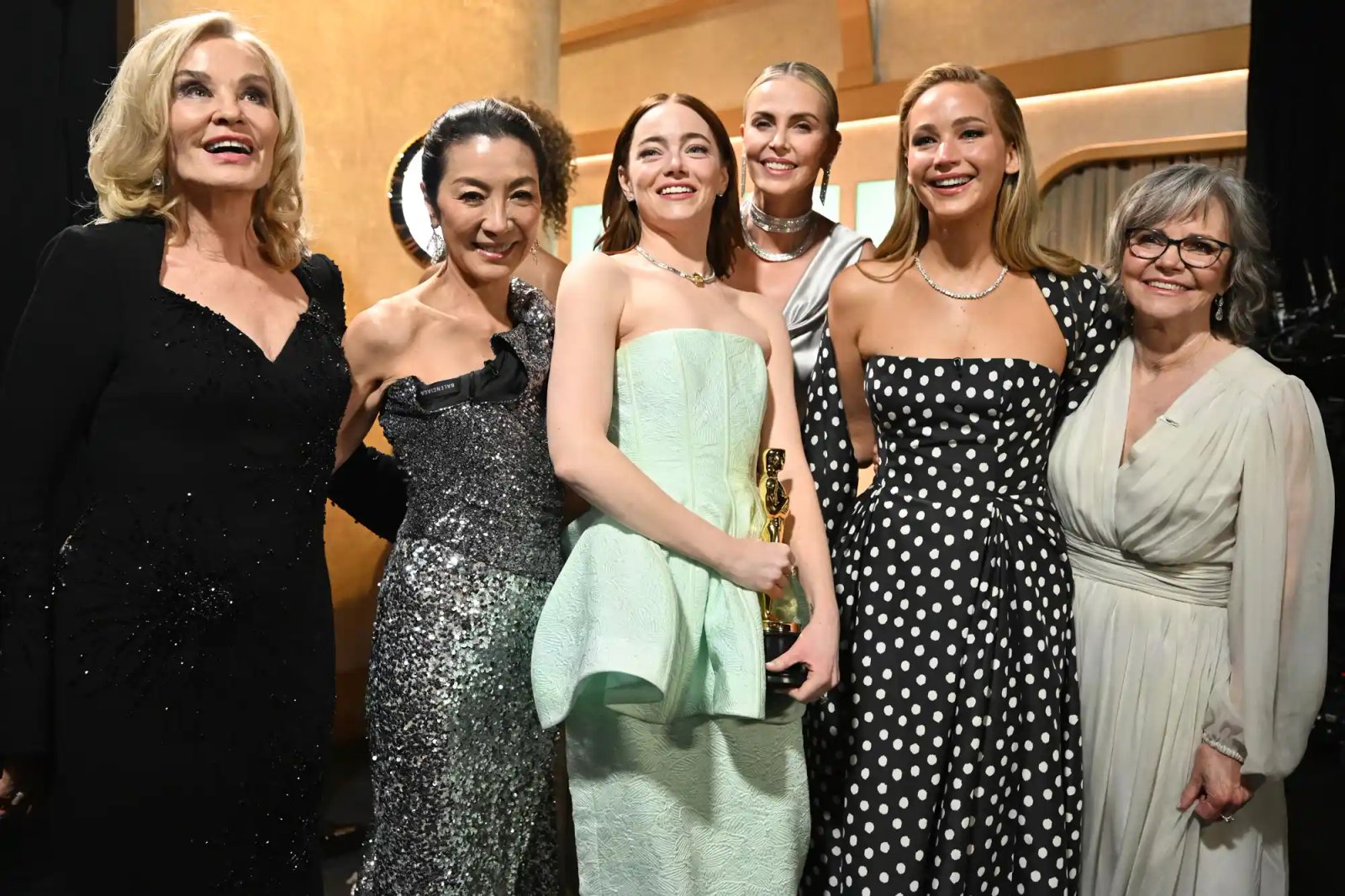 In this handout photo provided by A.M.P.A.S., Jessica Lange, Emma Stone, Jennifer Lawrence, Sally Field and others are seen backstage during the 96th Annual Academy Awards at Dolby Theatre on March 10, 2024 in Hollywood, California.