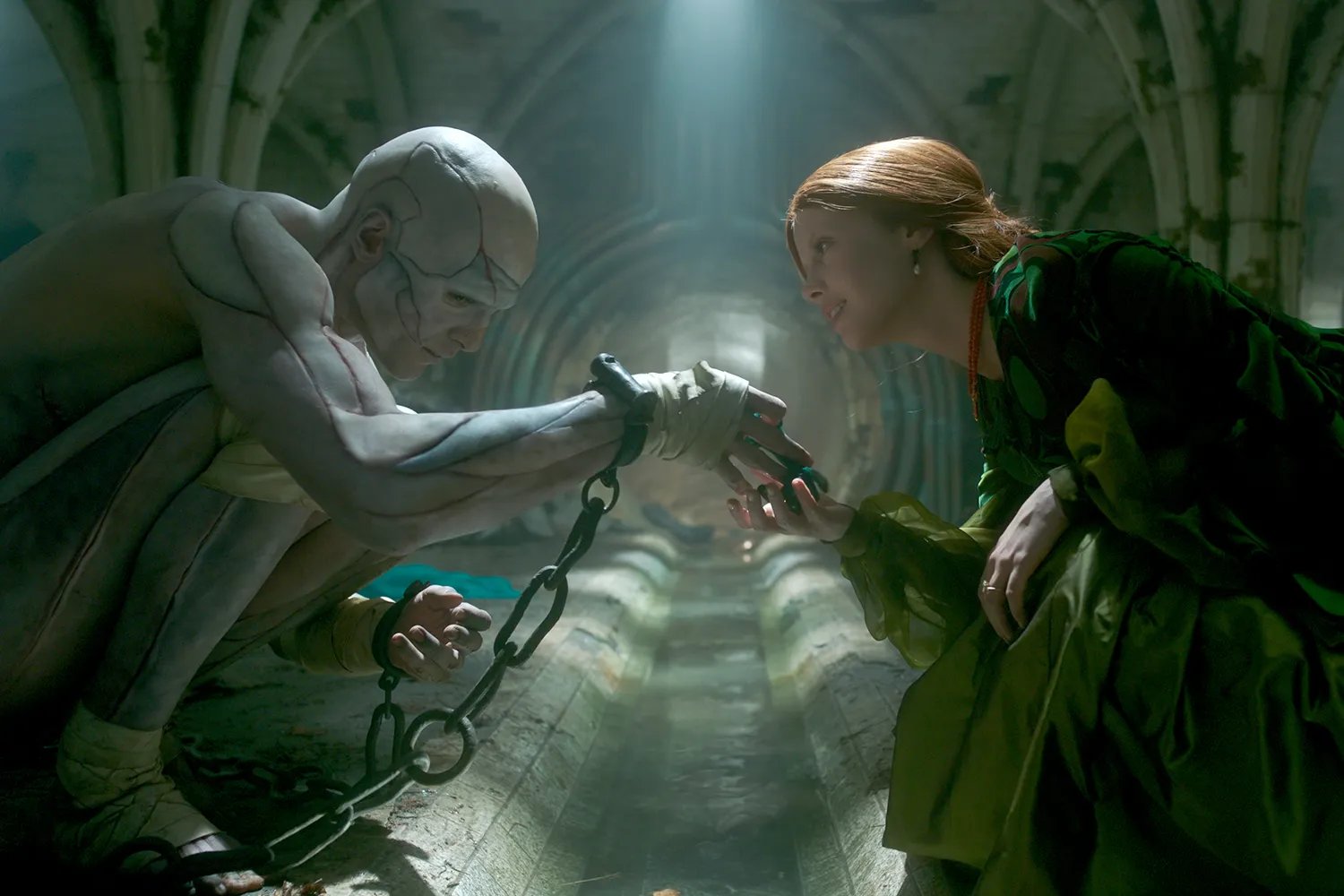 Jacob Elordi as The Creature and Mia Goth as Elizabeth in Frankenstein