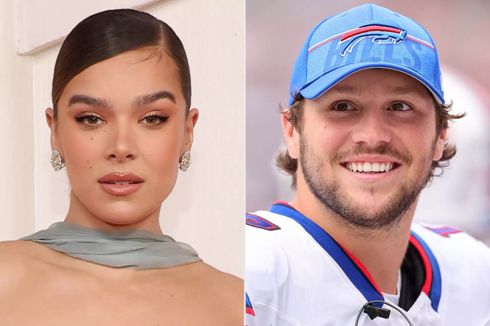 Hailee Steinfeld attends the 96th Annual Academy Awards on March 10, 2024 in Hollywood, California; Josh Allen #17 of the Buffalo Bills looks on during the second half of a preseason game against the Chicago Bears at Soldier Field on August 26, 2023 in Chicago, Illinois.