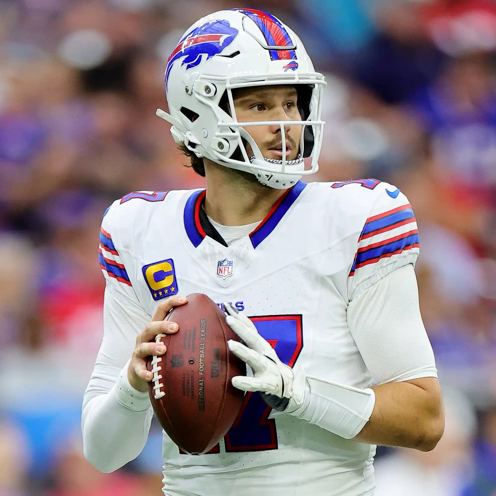 Josh Allen #17 of the Buffalo Bills looks to pass during the first half against the Buffalo Bills at NRG Stadium on October 6, 2024 in Houston, Texas.