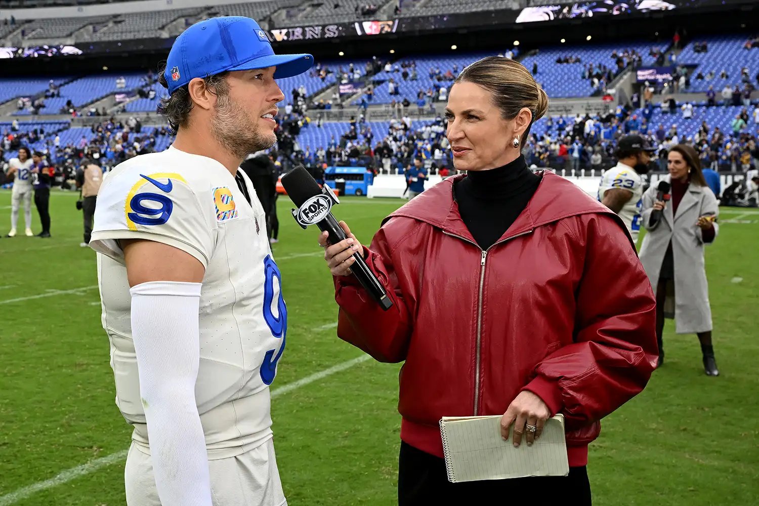 Matthew Stafford #9 of the Los Angeles Rams is interviewed by Erin Andrews.