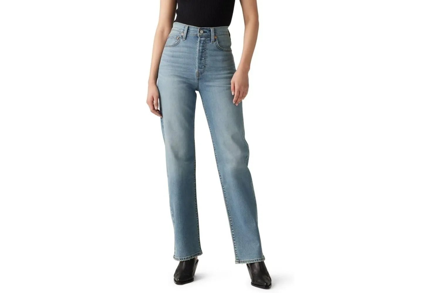 Person modeling Levis ribcage straight fulllength jeans