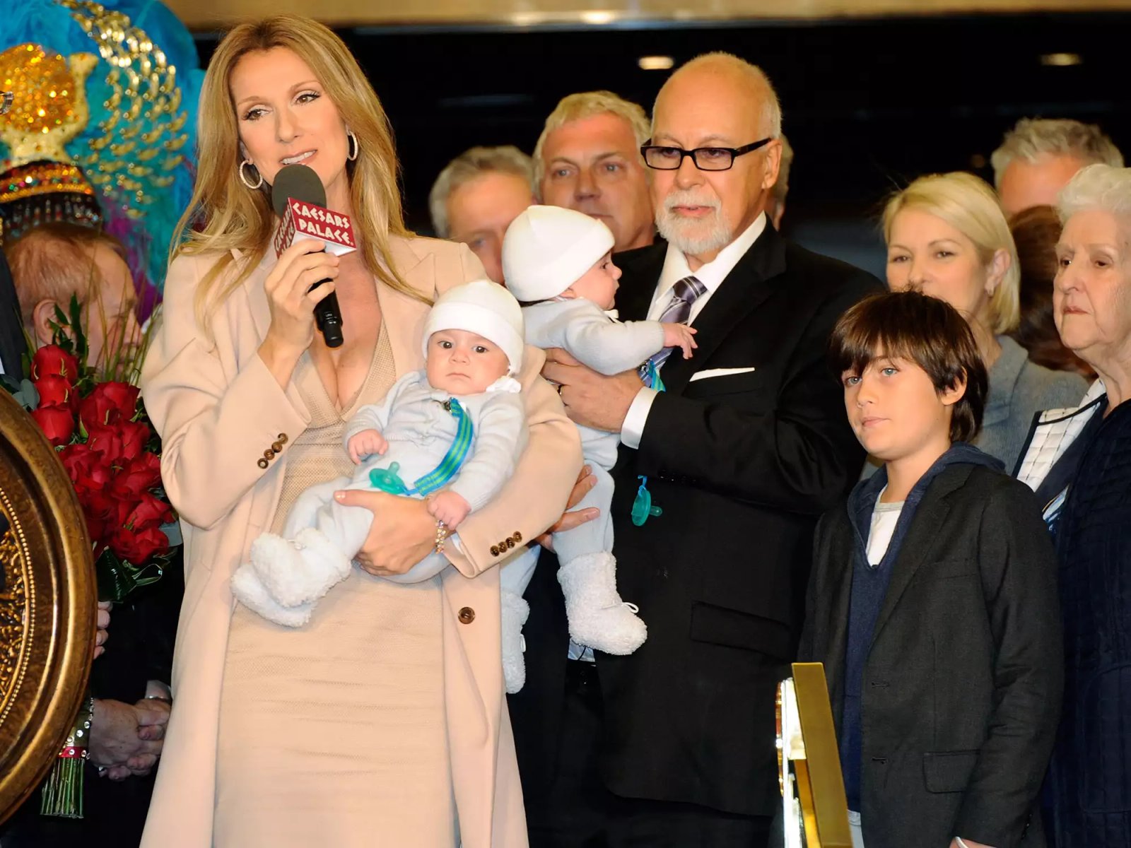 Celine Dion, holding her son Nelson Angelil, her husband and manager Rene Angelil, holding their son Eddy Angelil, and their son Rene-Charles Angelil