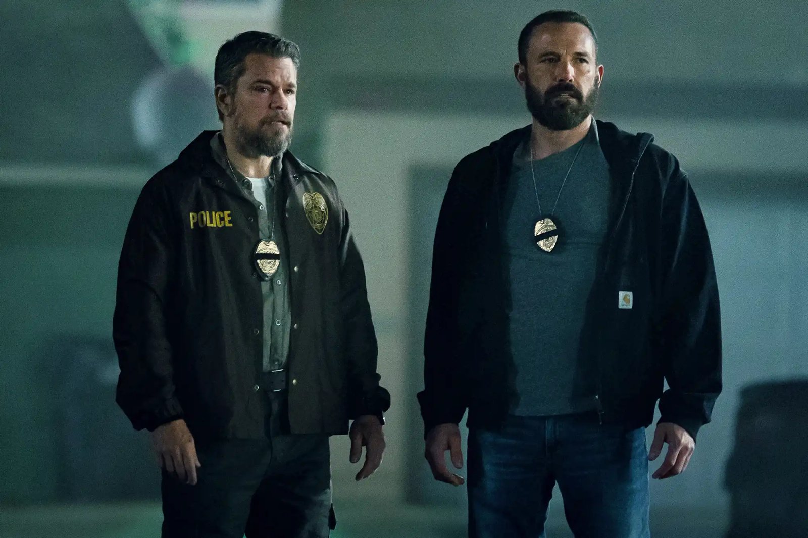 Matt Damon as Lieutenant Dane Dumars and Ben Affleck as Det Sergeant J.D. Byrne in The Rip.