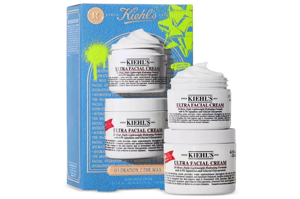 Kiehl's 'Hydration 2 the Max' facial cream set with a blue box and three white jars of cream.