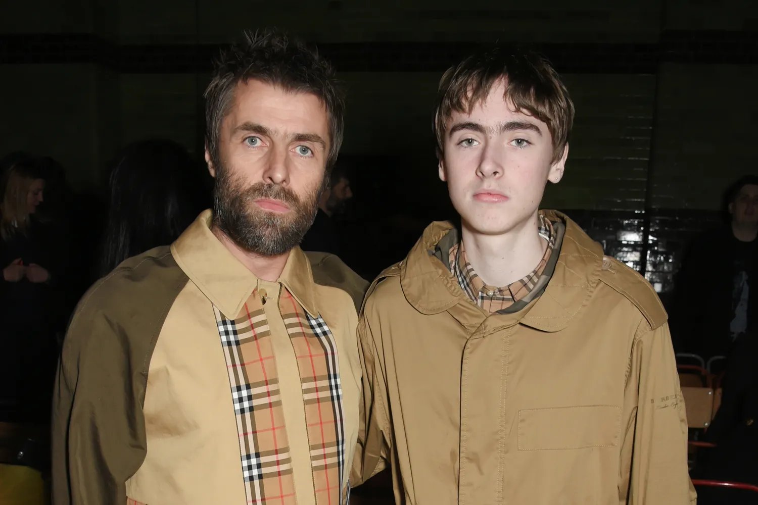 Liam Gallagher and son Gene Gallagher at the Burberry February 2018 show during London Fashion Week.