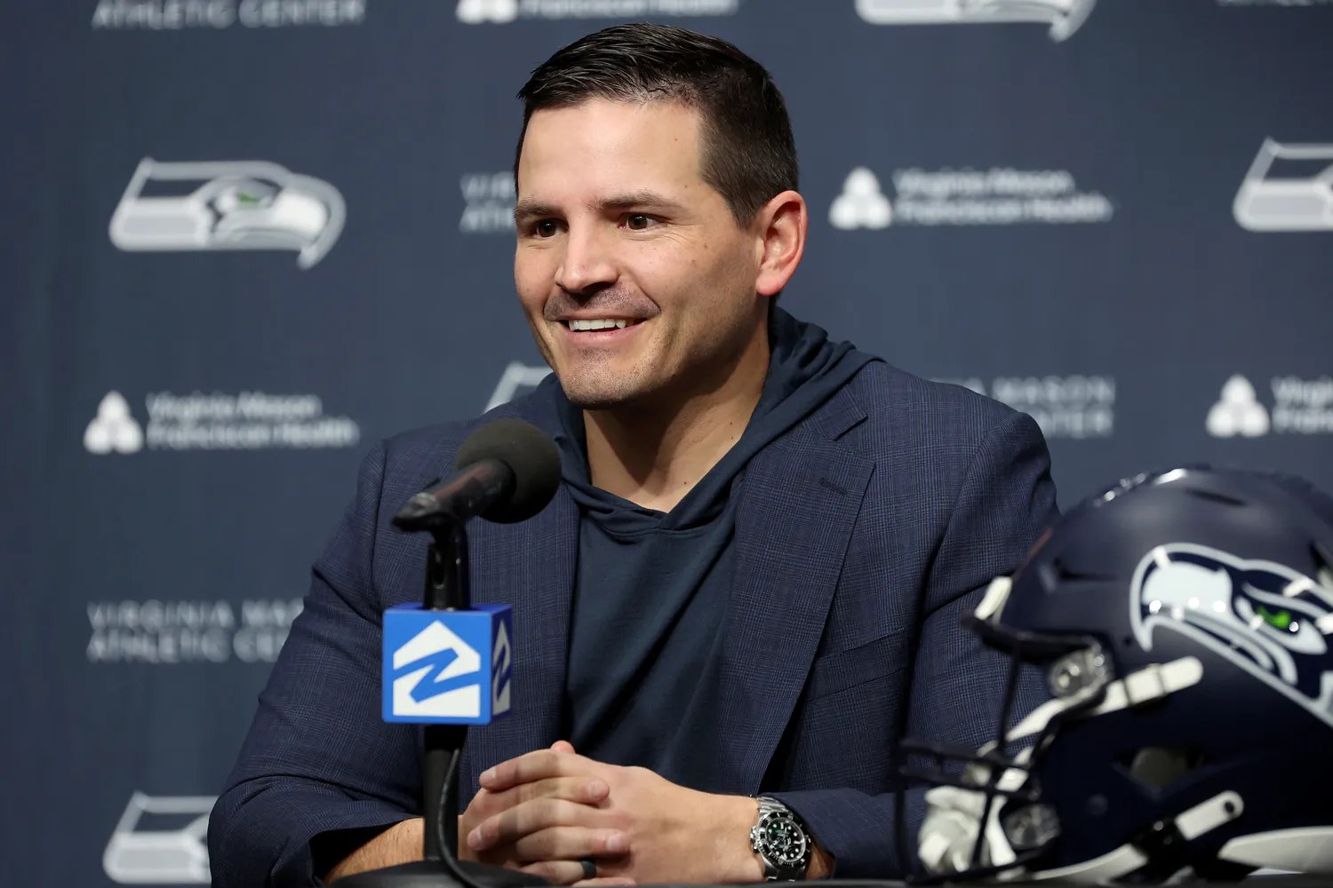 Mike Macdonald speaks to the media on Feb. 1, 2024, in Renton, Wash.