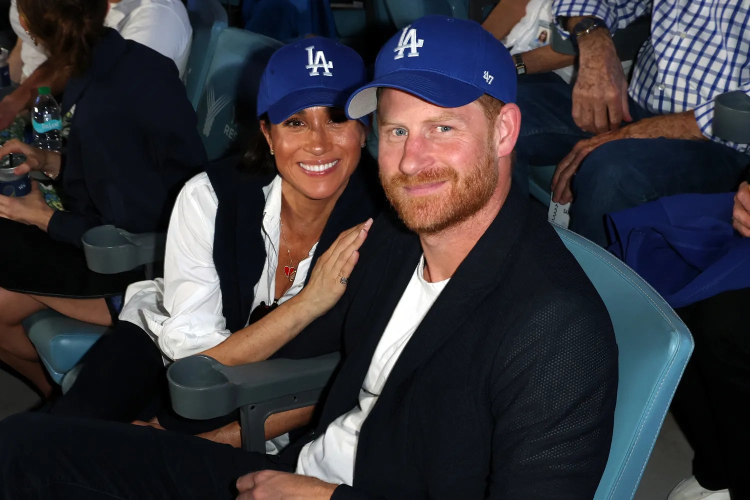 Prince Harry, Duke of Sussex and Meghan, Duchess of Sussex pose for a photo during Game Four of the 2025 World Series in Los Angeles.