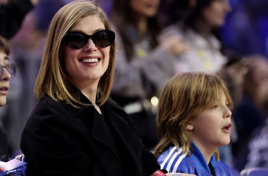 Rosamund Pike Enjoys Special Day Out with Son Atom at London NBA Game