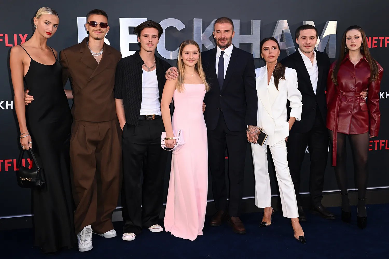 Mia Regan, Romeo Beckham, Cruz Beckham, Harper Beckham, David Beckham, Victoria Beckham, Brooklyn Beckham and Nicola Peltz attend the Netflix 'Beckham' UK Premiere at The Curzon Mayfair on October 03, 2023 in London, England.