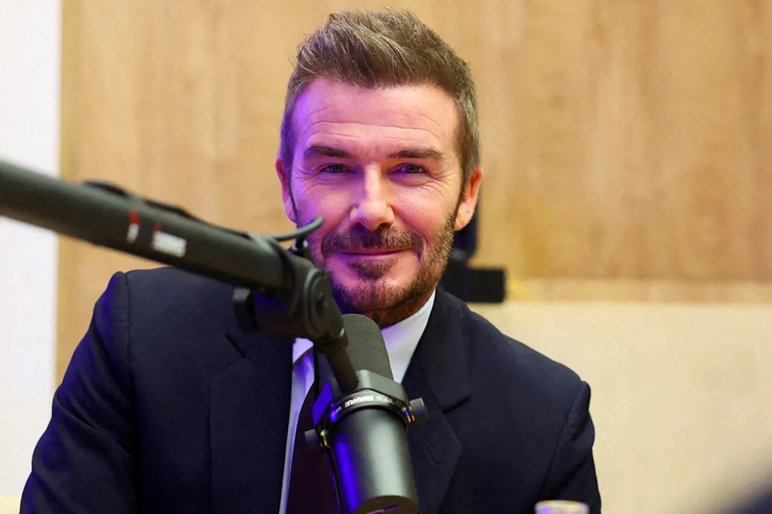 David Beckham poses for a photo ahead of a podcast during the 56th annual World Economic Forum (WEF) meeting in Davos, Switzerland.