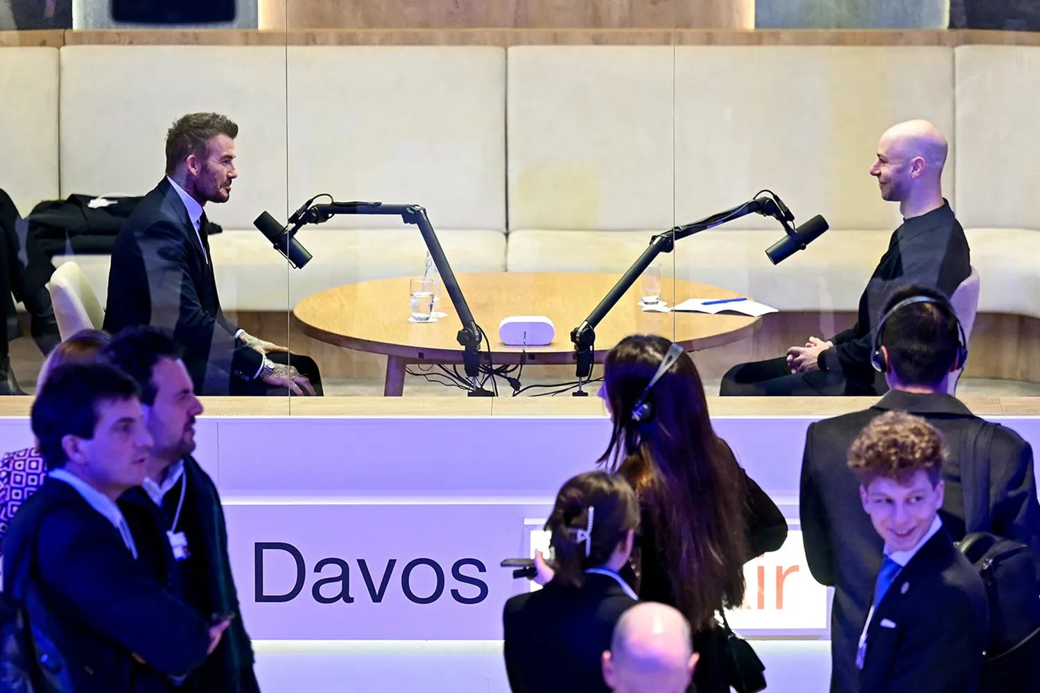 David Beckham speaks in a podcast booth during the 56th World Economic Forum (WEF) annual meeting in Davos.