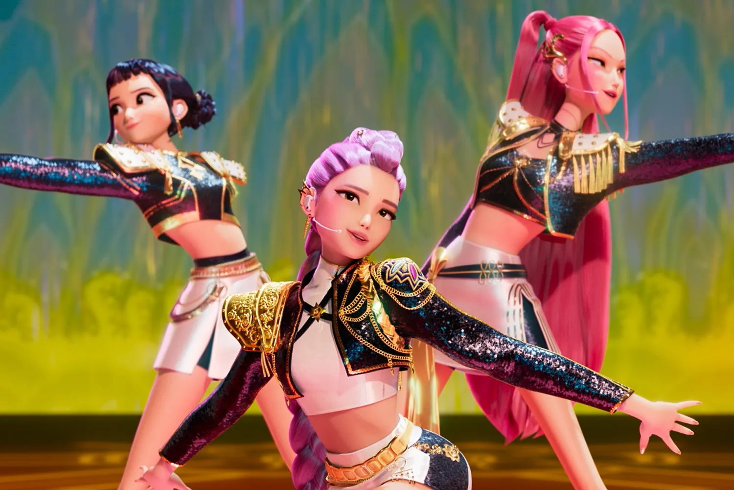 Kpop superstars Rumi, Mira and Zoey in Kpop Demon Hunters.