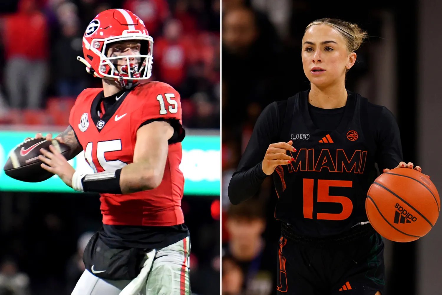 Carson Beck #15 of the Georgia Bulldogs ; Hanna Cavinder #15 of the Miami Hurricanes 