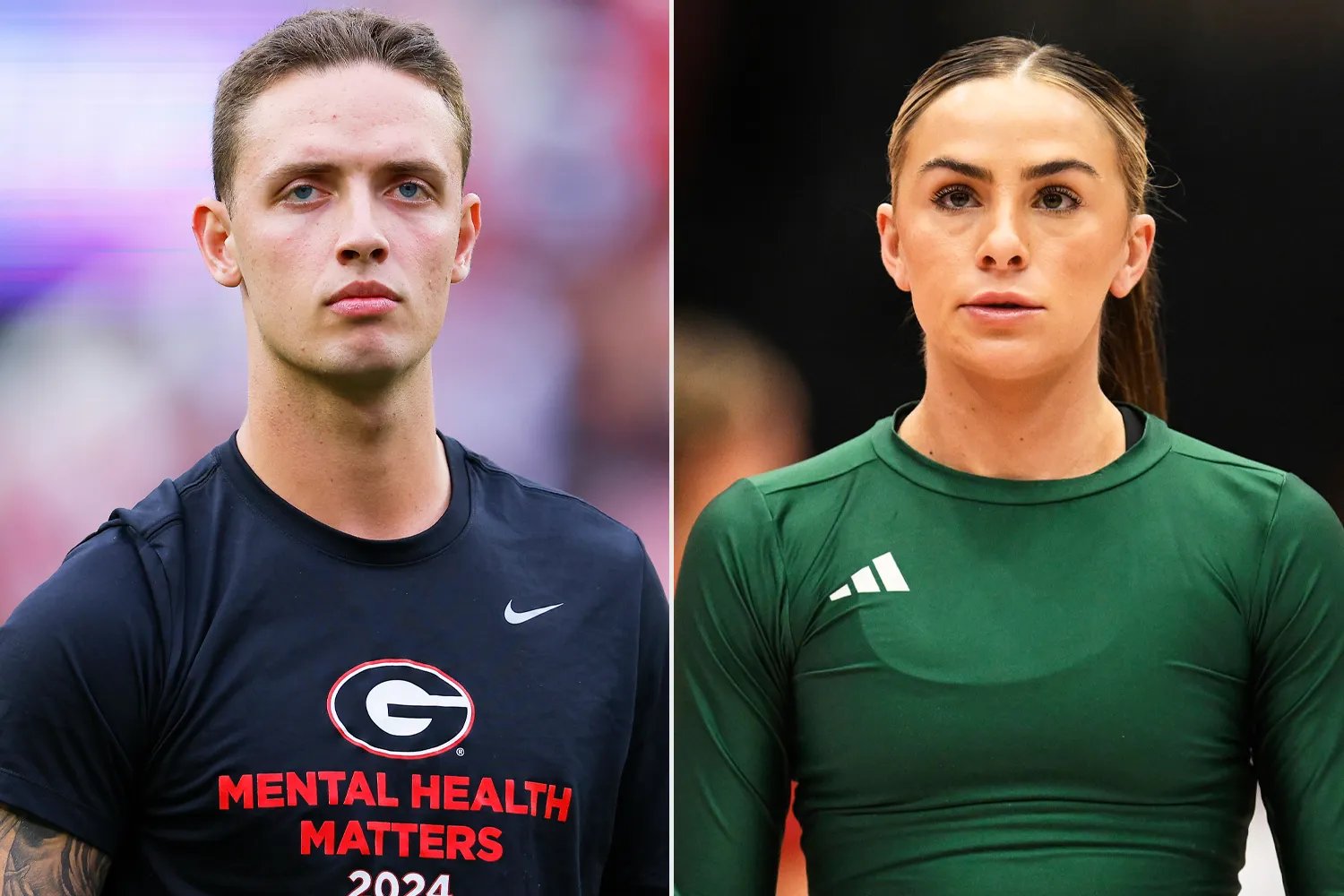 Carson Beck #15 of the Georgia Bulldogs warms up prior to the game against the Alabama Crimson Tide at Bryant-Denny Stadium on September 28, 2024 in Tuscaloosa, Alabama; Hanna Cavinder #15 of the Miami (Fl) Hurricanes looks on during warm ups before their game against the Stanford Cardinal at Stanford Maples Pavilion on February 27, 2025 in Palo Alto, California.