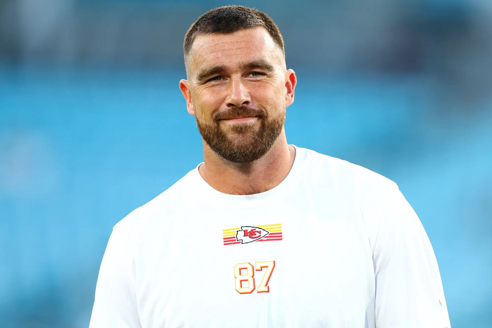 Travis Kelce of the Kansas City Chiefs prior to playing the Jacksonville Jaguars on Oct. 6, 2025, in Jacksonville, Fla.