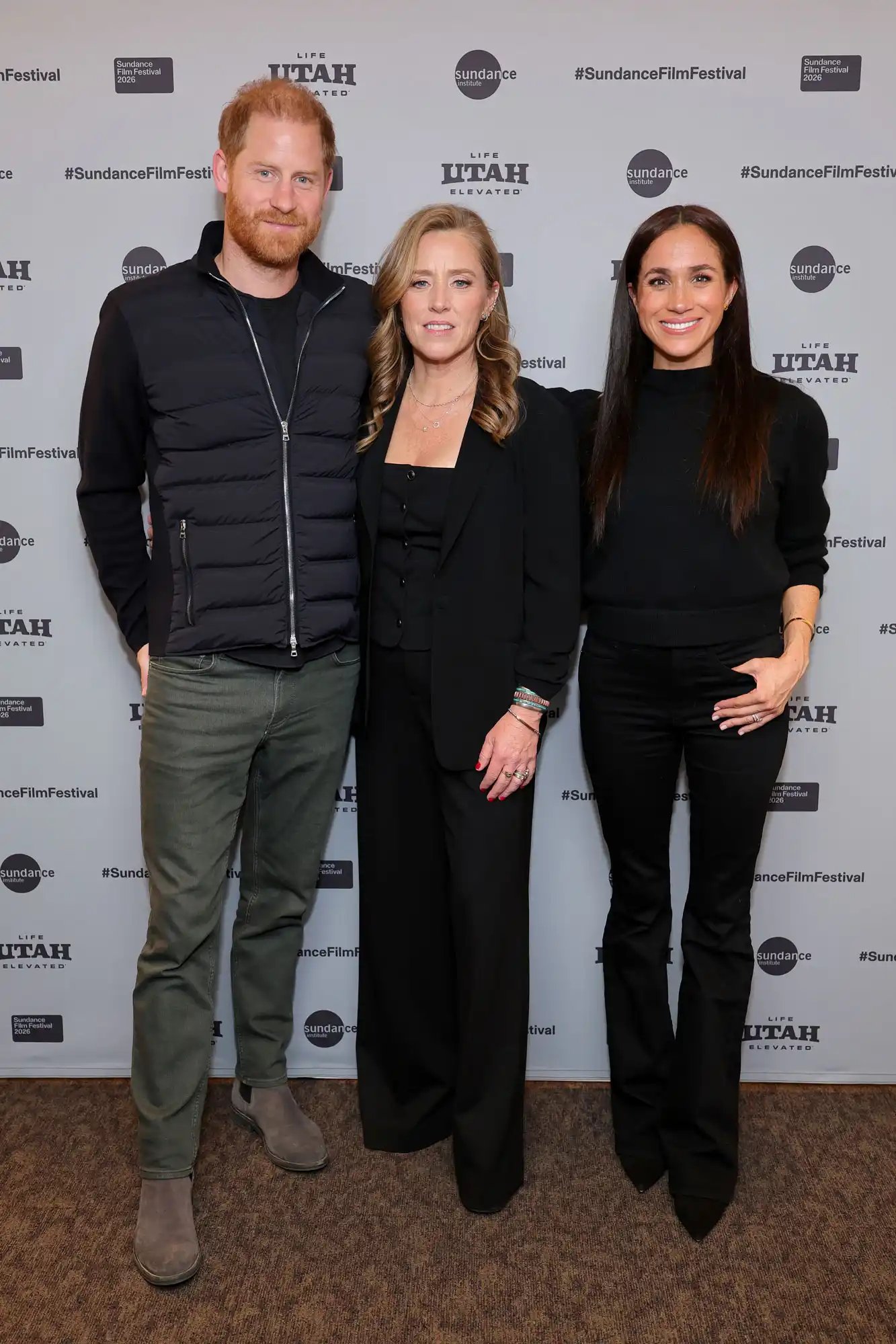 Prince Harry, Duke of Sussex, Amy Redford and Meghan, Duchess of Sussex attend the Salt Lake City celebration and premiere of "Cookie Queens" during the 2026 Sundance Film Festival at Rose Wagner Performing Arts Center on January 24, 2026 in Salt Lake City, Utah.