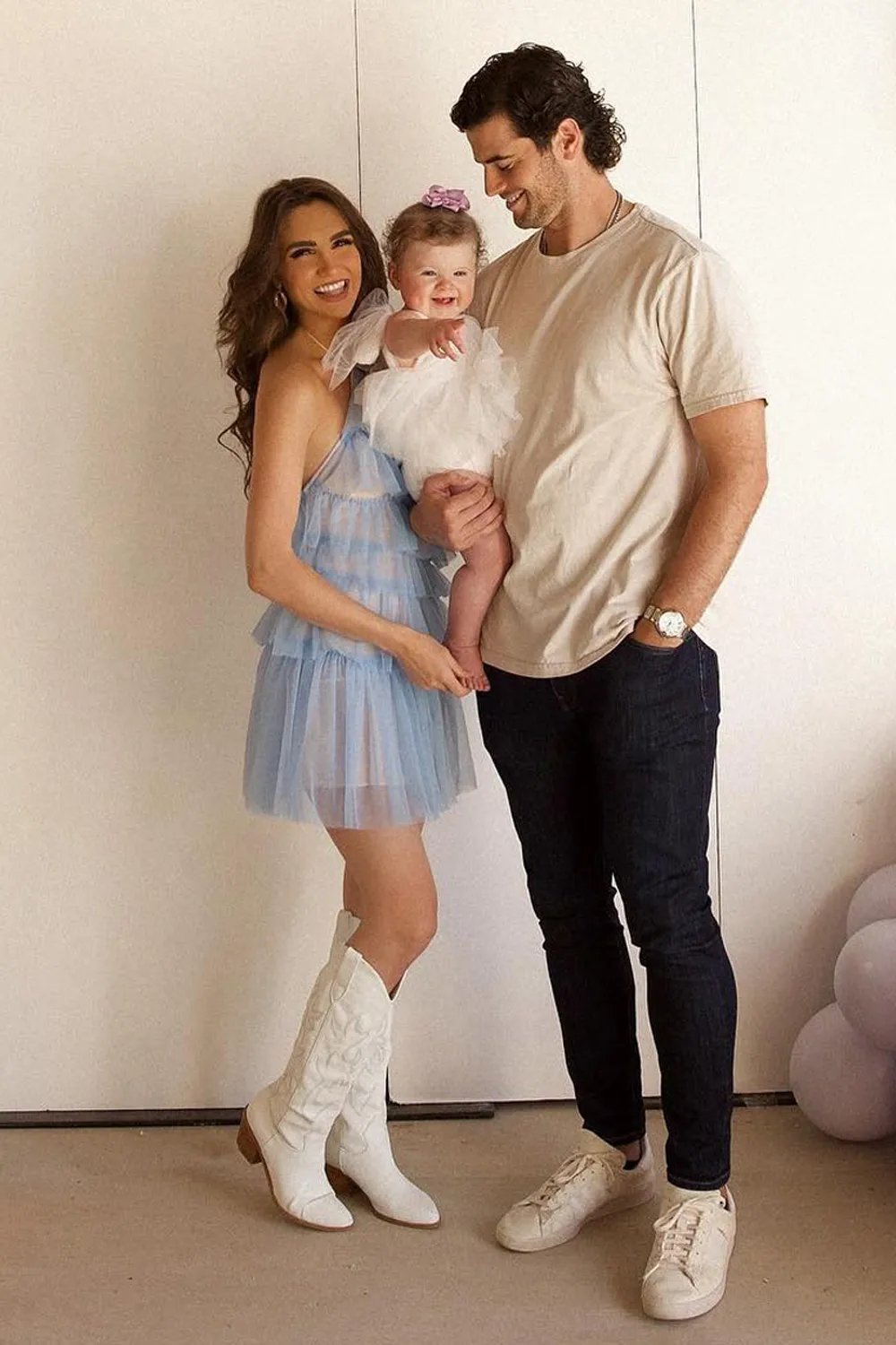 Jarrett Stidham and wife Kennedy with their daughter in April 2023.