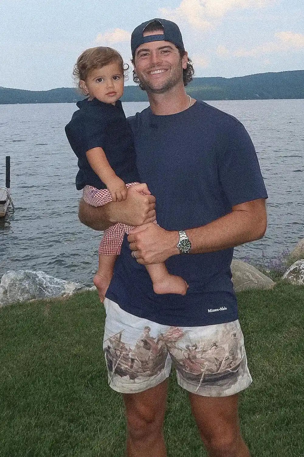 Jarrett Stidham with his son Madden in July 2025.