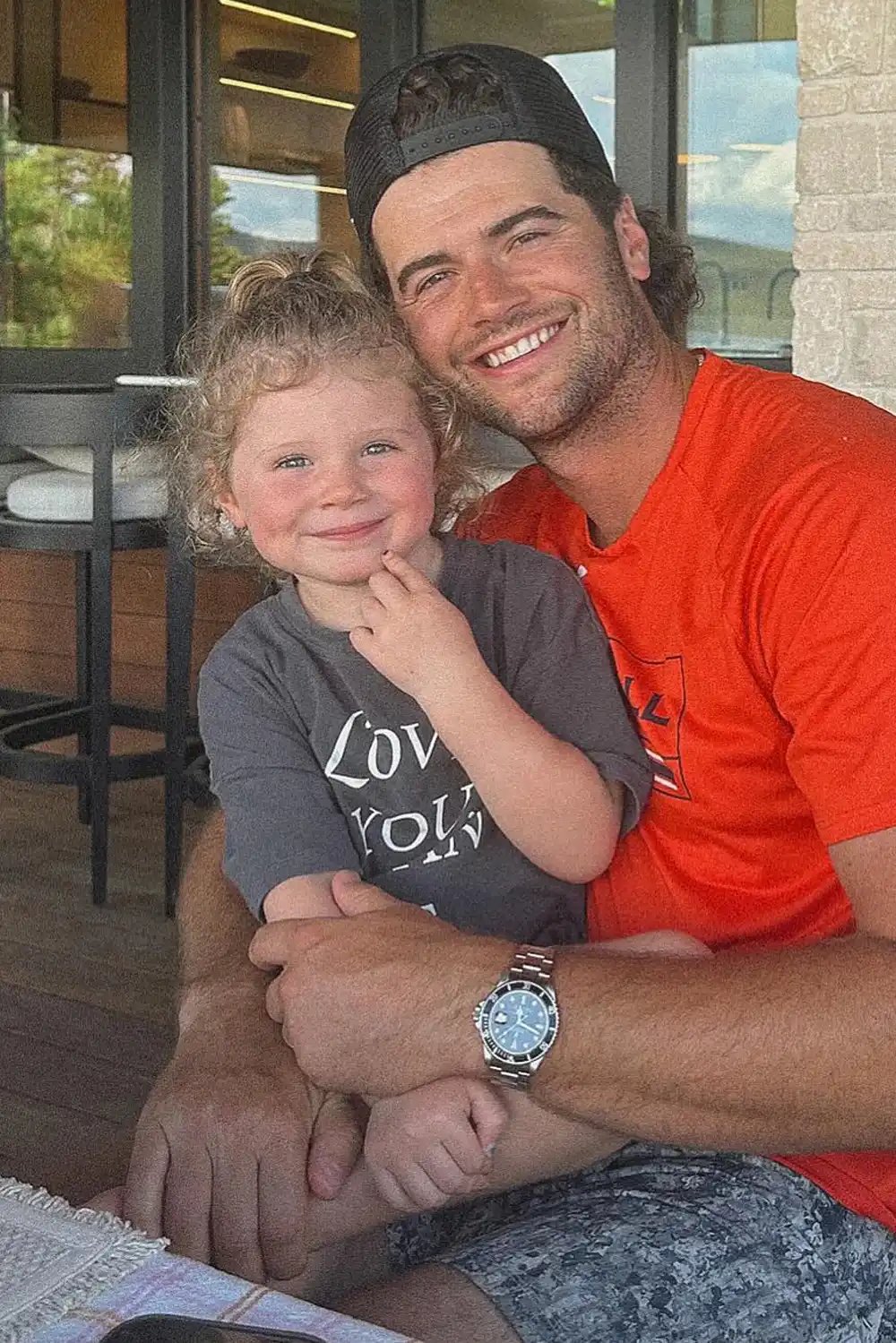Jarrett Stidham with his daughter Lennon in July 2025.