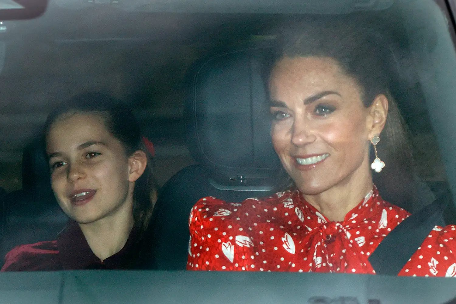 Princess Charlotte of Wales and Catherine, Princess of Wales attend a Christmas Lunch for members of the Royal Family, hosted by King Charles III, at Buckingham Palace on December 16, 2025 in London, England.