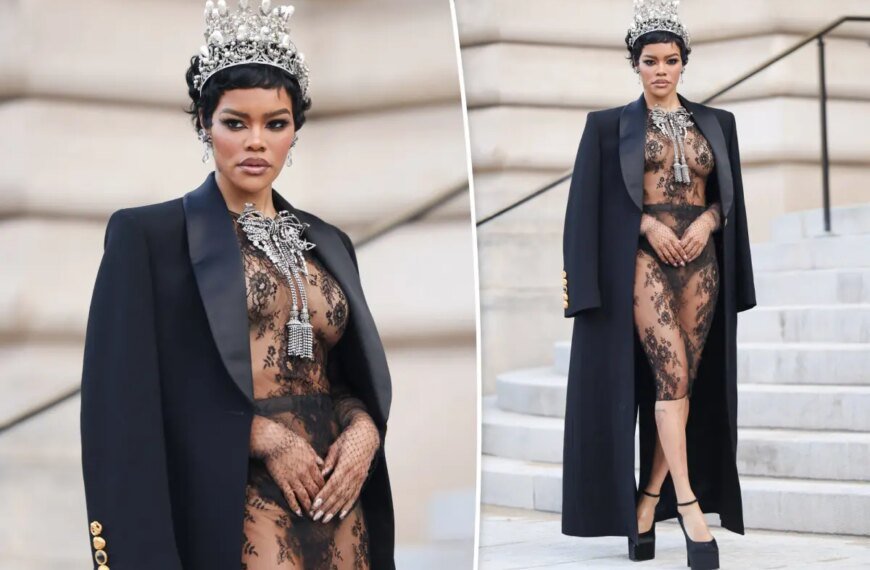 Teyana Taylor Shines at Paris Fashion Week in Stunning Lace Schiaparelli Outfit and Elegant Pearl Crown