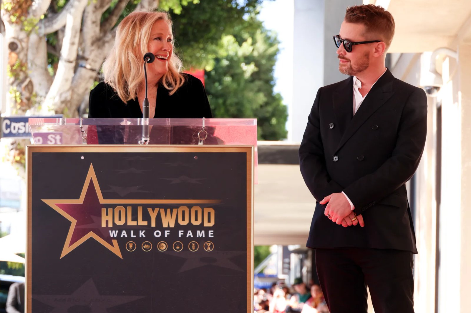 Catherine O'Hara and Macaulay Culkin at the star ceremony where he is honored with a star on the Hollywood Walk of Fame on December 1, 2023 in Los Angeles, California.