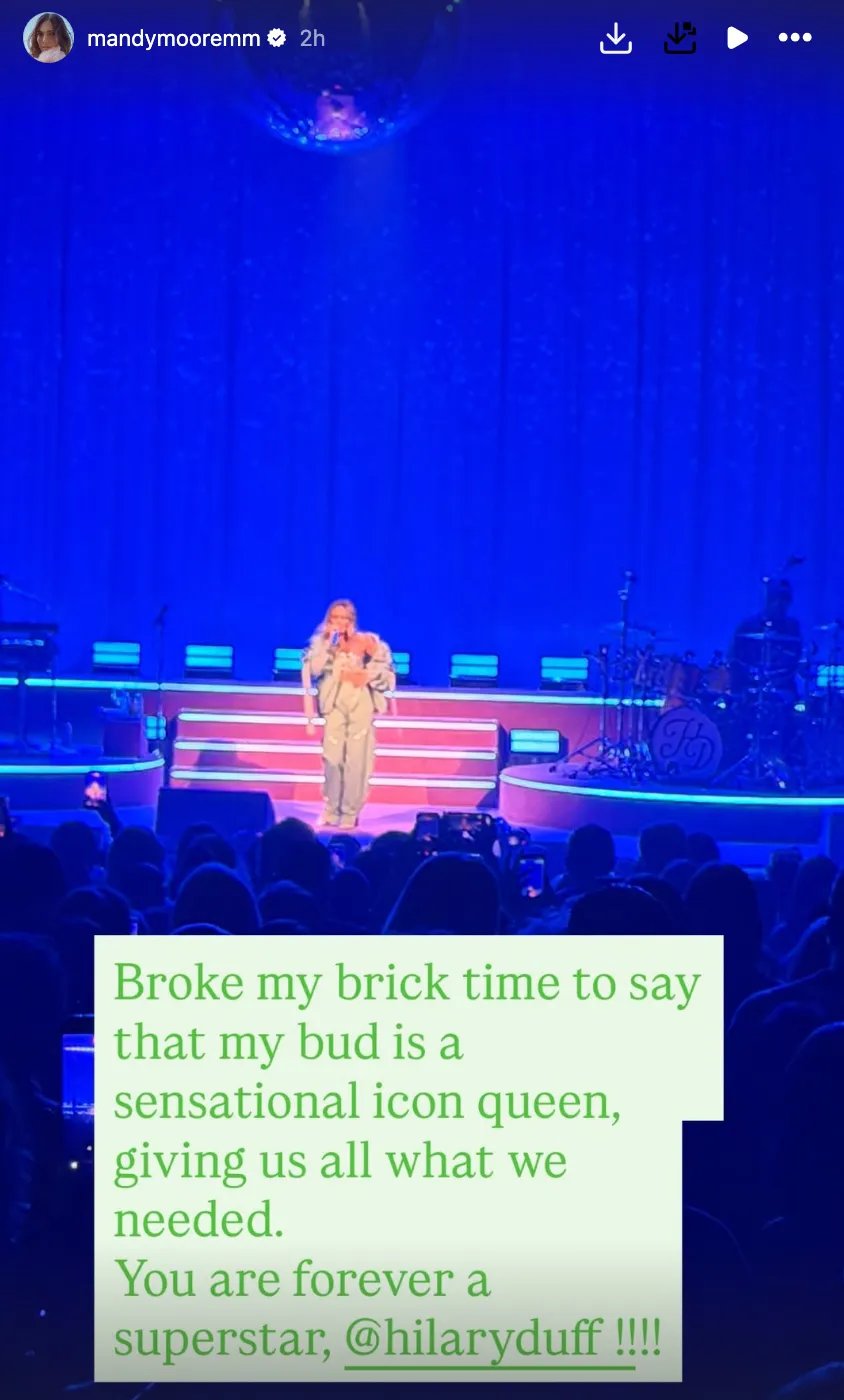 Mandy Moore Praises 'Sensational Icon' Hilary Duff at Los Angeles Show amid Toxic Mom Group Drama