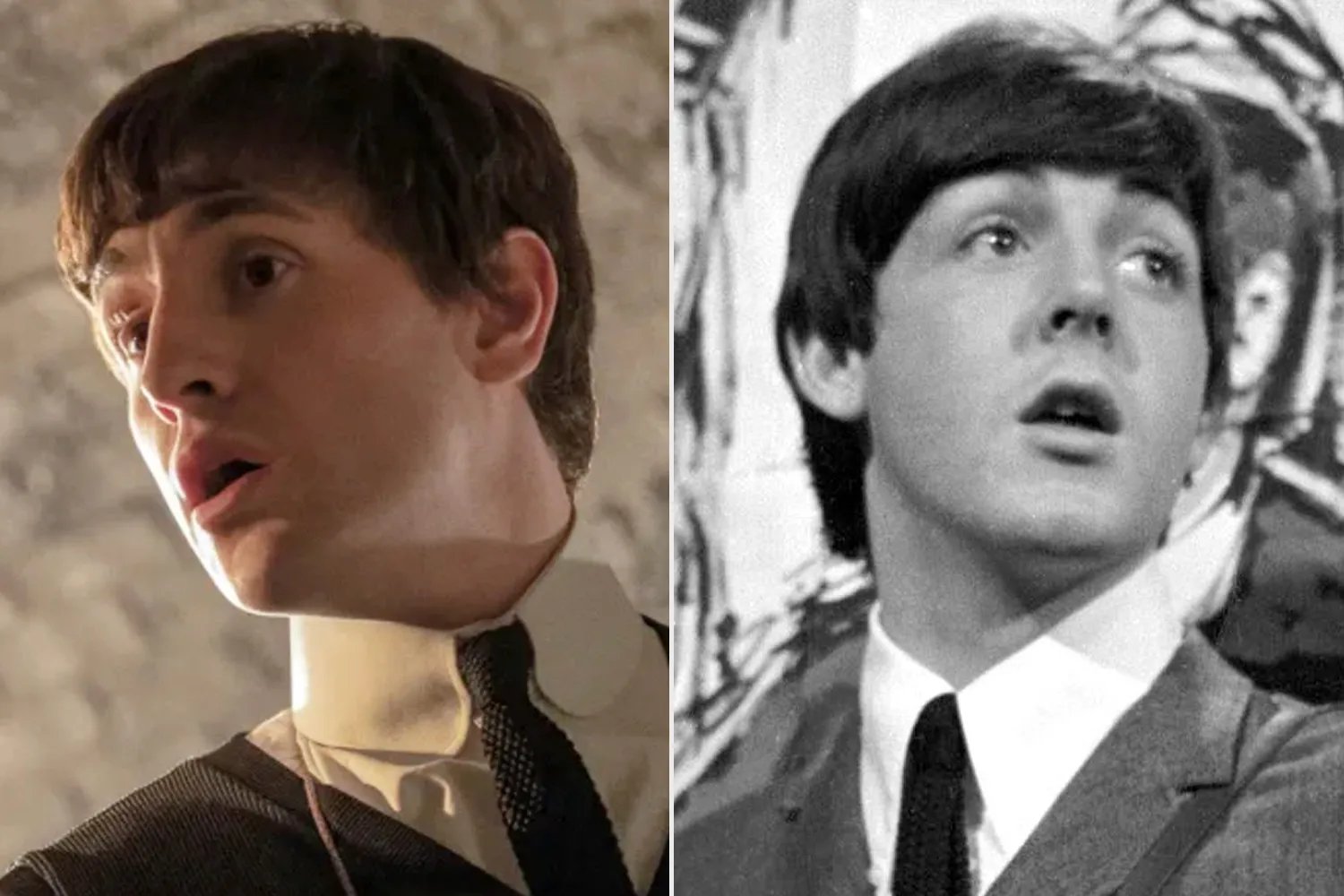 Paul Mescal as Paul McCartney in 'The Beatles'; Paul McCartney performs with The Beatles on March 20, 1964.