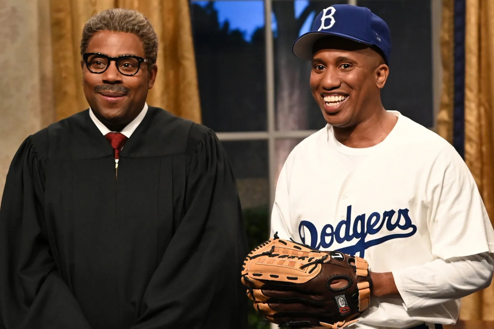 Kenan Thompson as Justice Thurgood Marshall and Chris Redd as Jackie Robinson on Saturday Night Live