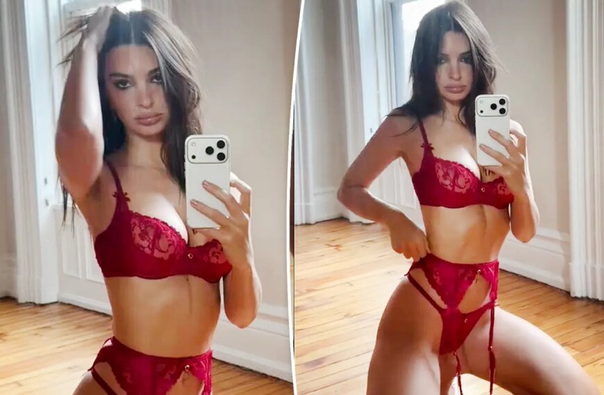 Emily Ratajkowski Embraces a Romantic Look in Red Lace Lingerie for Valentine's Day