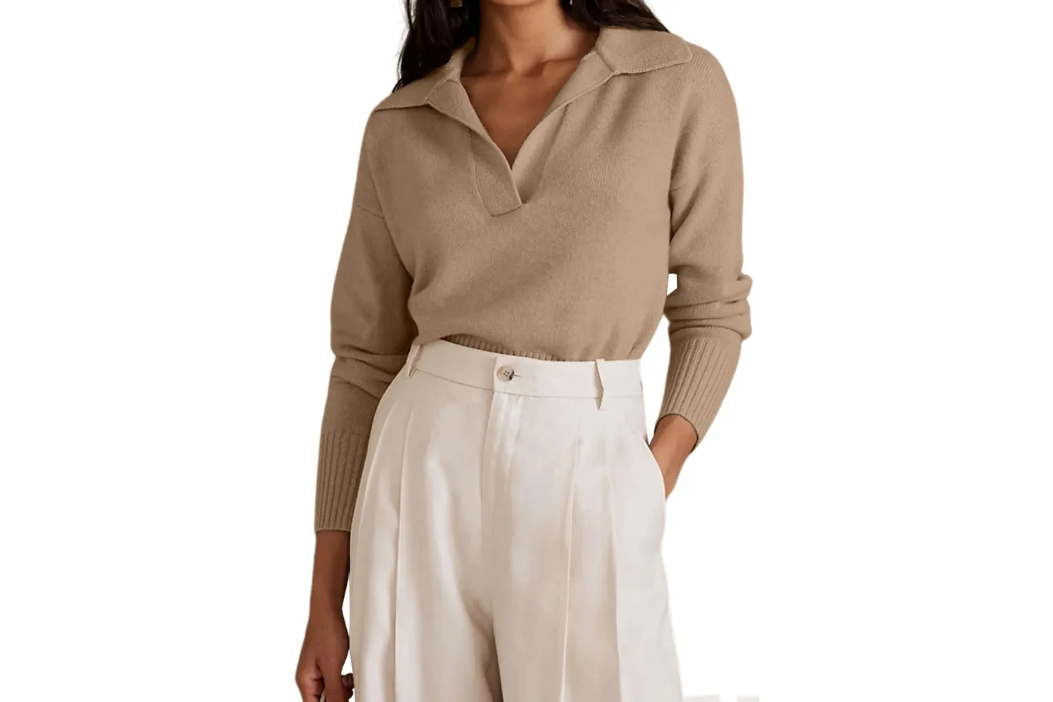 Model wearing a knitted crop sweater