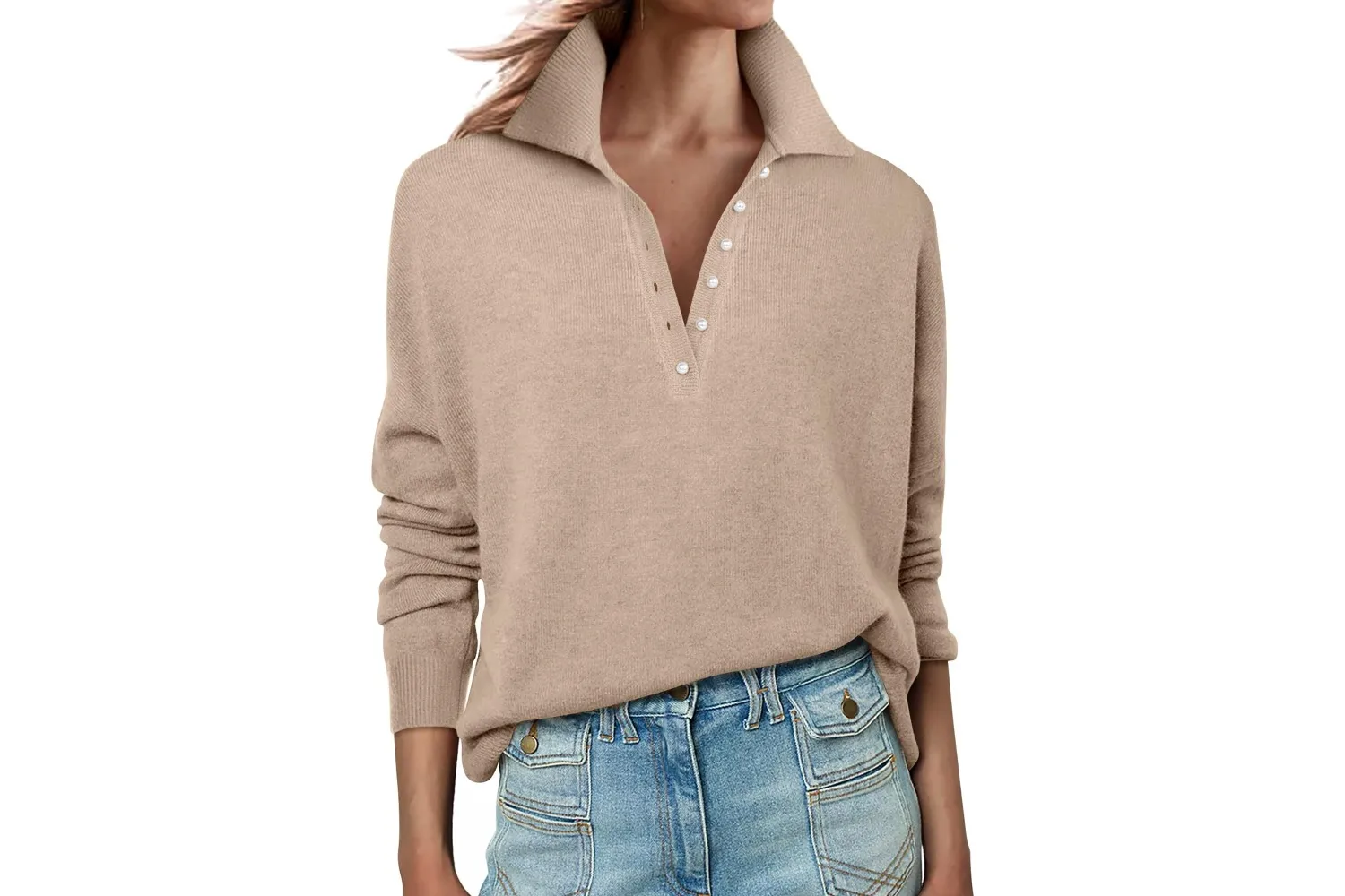 Model wearing a lightweight longsleeve polo sweater with buttons