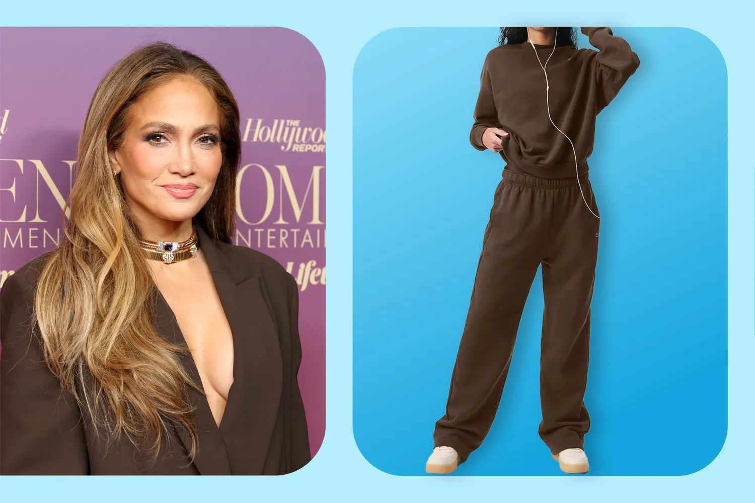 Jennifer Lopez on the left and a brown loungewear set displayed on the right