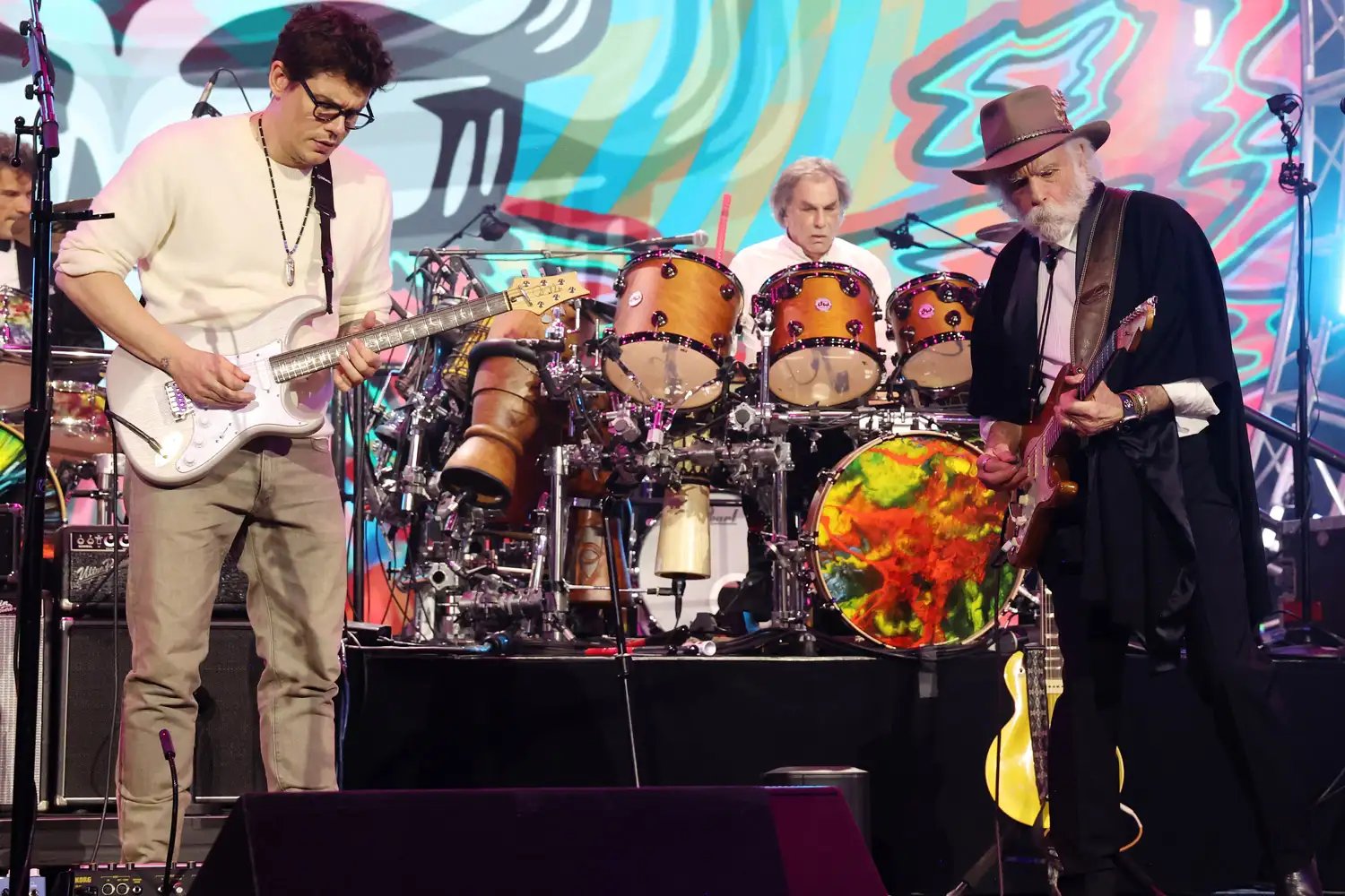 John Mayer, Mickey Hart and Bob Weir perform onstage during the 2025 MusiCares Persons of the Year.