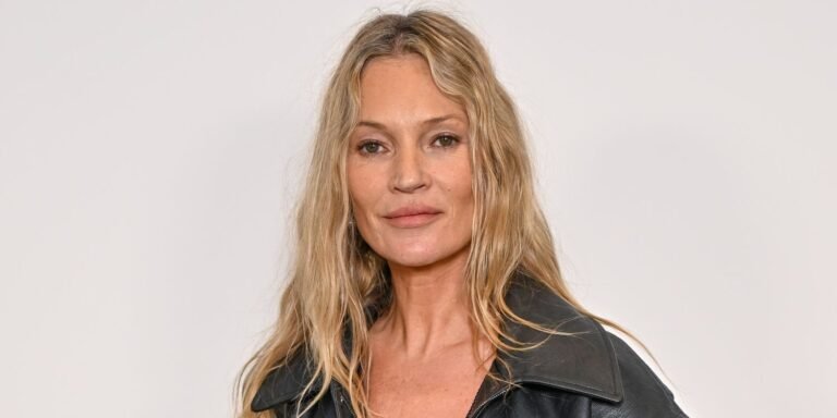 Kate Moss Styles a Lace-Trimmed Cami with a Chic Leather Slit Skirt